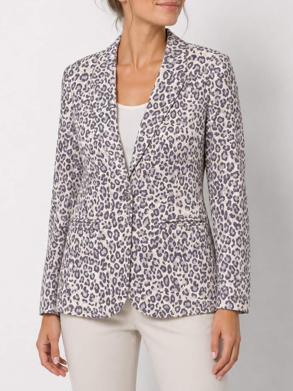 Rachel Zoe Womens L Linen Cotton Leopard Print Blazer Jacket Ivory Gray